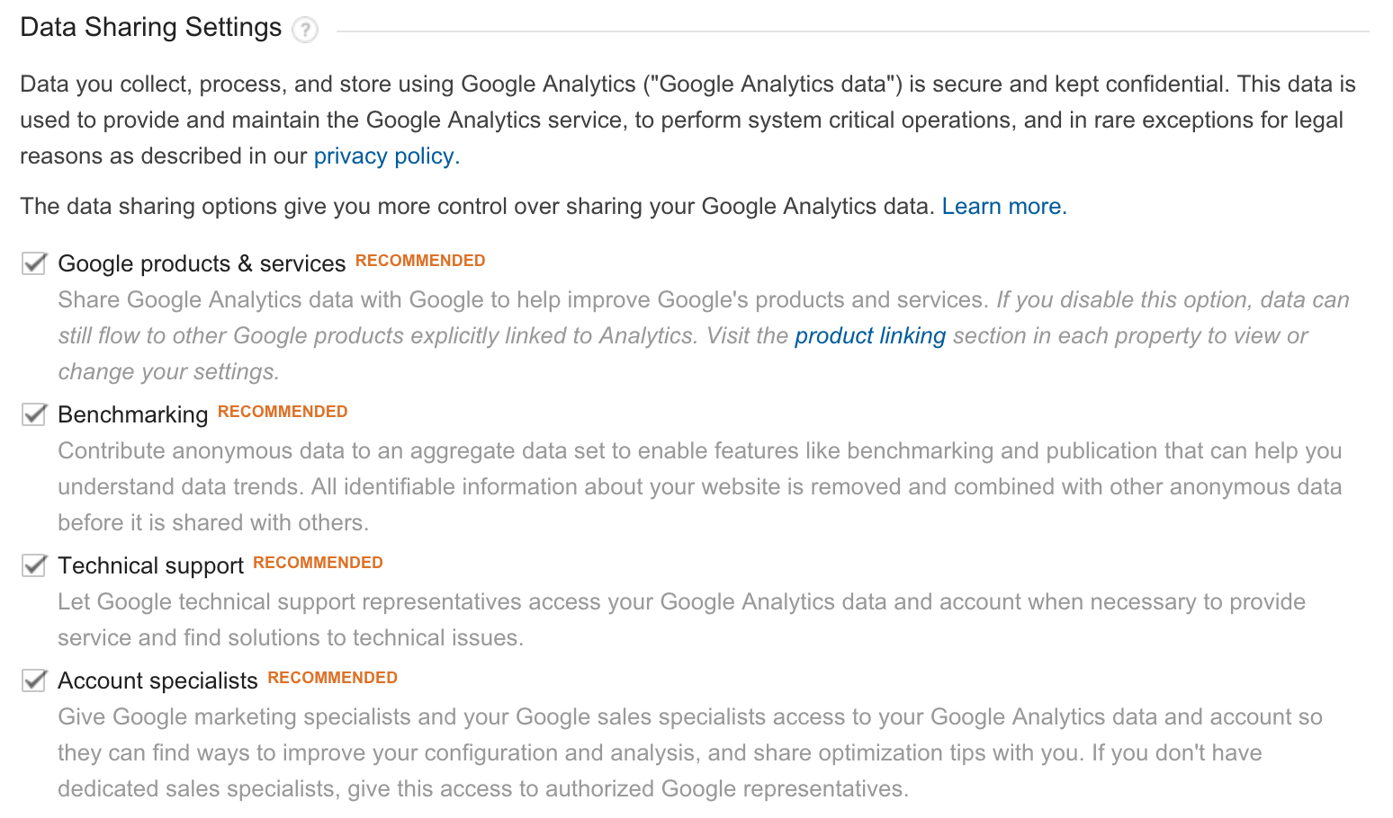 Google Analytics data sharing settings